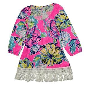 LILLY PULITZER Floral Print 3/4 Sleeve Crochet Fringe Hem Tunic XS